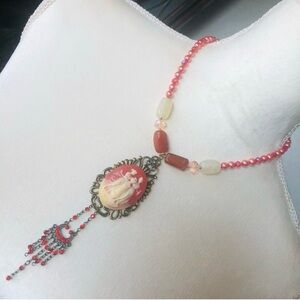 Handcrafted repurpose antique cameo quartz pendant Czech glass Pearl necklace